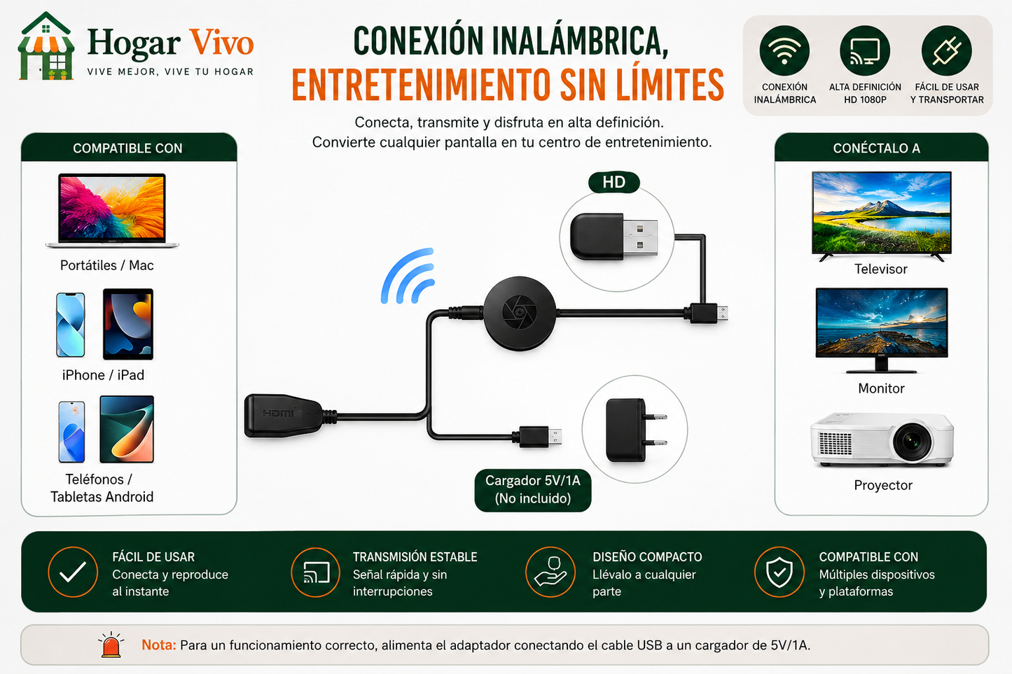 Adaptador Chromecast inalámbrico para TV